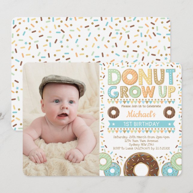 Cute Donut 1st Birthday Donut Sprinkles Boy Invitation (Front/Back)