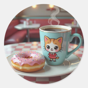 Cute Donut and Coffee at Retro Diner Classic Round Sticker