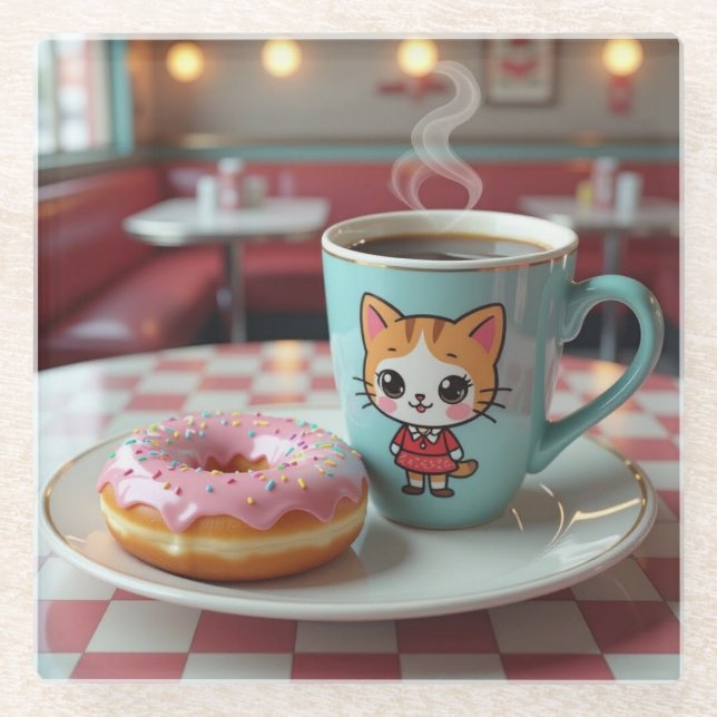 Cute Donut and Coffee at Retro Diner Glass Coaster (Front)