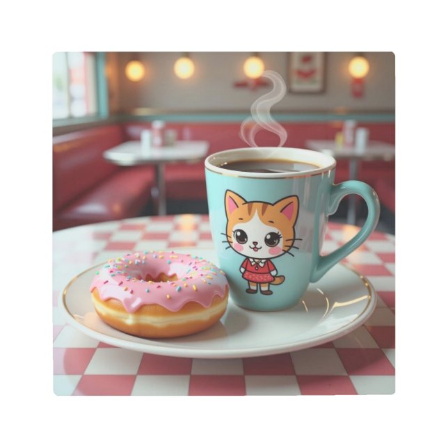 Cute Donut and Coffee at Retro Diner Metal Print (Front)