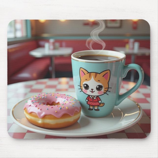Cute Donut and Coffee at Retro Diner Mouse Pad (Front)