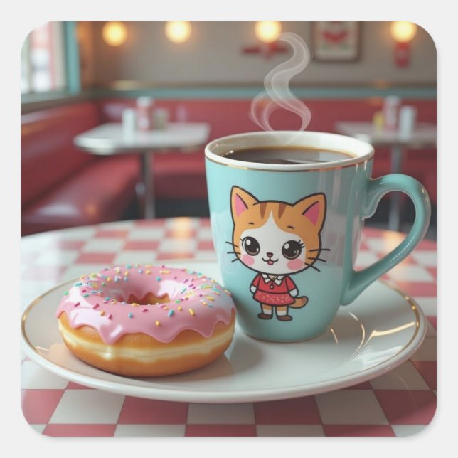 Cute Donut and Coffee at Retro Diner Square Sticker (Front)
