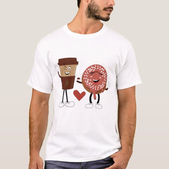 Cute Donut and Coffee Couple Valentine Design T-Shirt (Front)