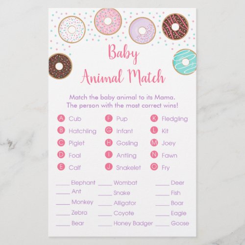 Cute Donut Baby Shower Animal Match Game
