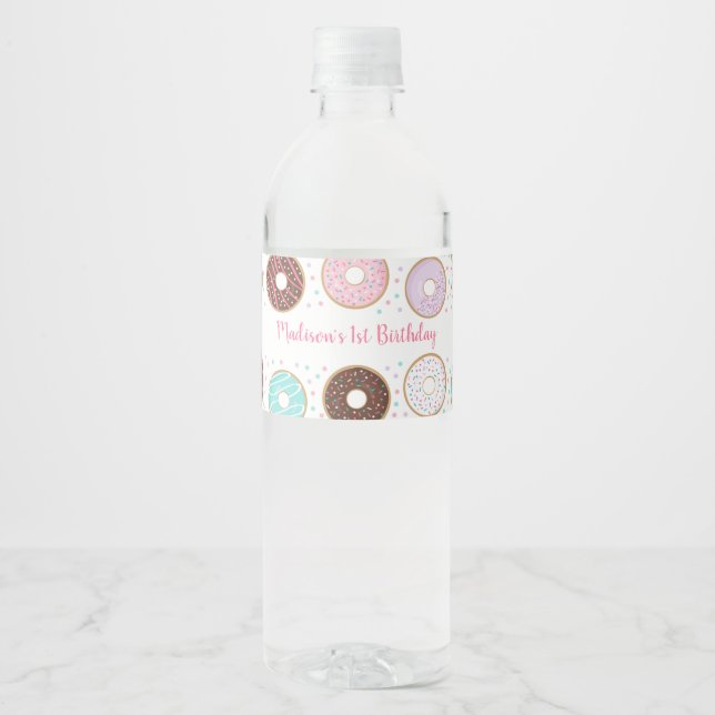 Cute Donut Birthday Water Bottle Label (Front)
