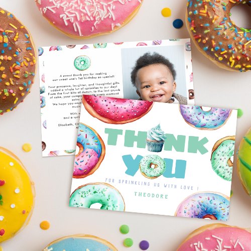 Cute Donut Boy Custom Message Kids Birthday Photo Thank You Card