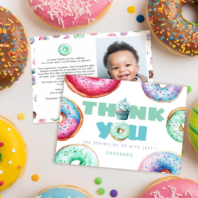 Cute Donut Boy Custom Message Kids Birthday Photo Thank You Card (Creator Uploaded)