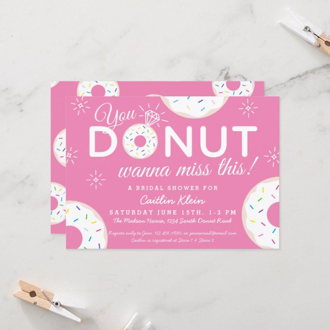 Cute Donut Bridal Shower Invitations | Pink (Front/Back In Situ)