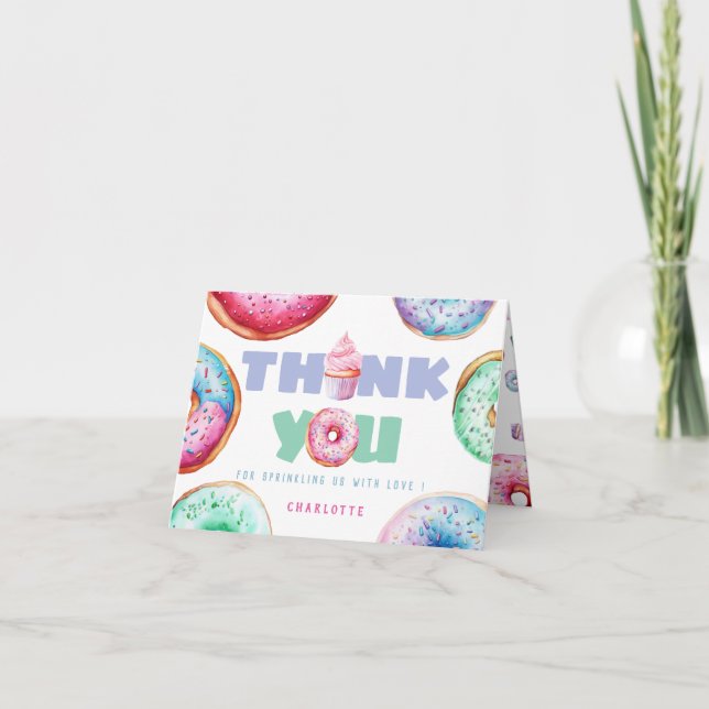 Cute Donut Custom Message Kids Birthday Girl Photo Thank You Card (Front)