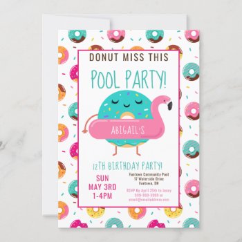 Cute Donut Flamingo Birthday Pool Party Girls Invitation by LilPartyPlanners at Zazzle