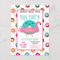 Cute Donut Flamingo Birthday Pool Party Girls Invitation Postcard