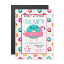 Cute Donut Flamingo Birthday Pool Party Girls Magnetic Invitation