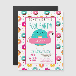 Cute Donut Flamingo Birthday Pool Party Girls Magnetic Invitation