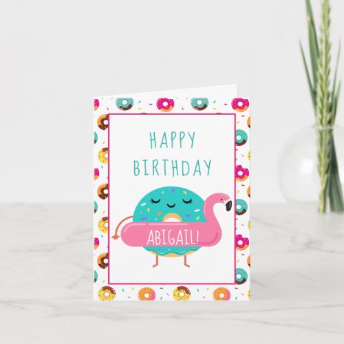 Cute Donut Flamingo Happy Birthday Pool Party Card