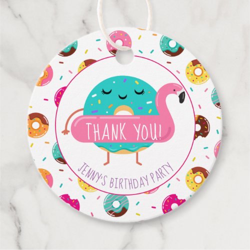 Cute Donut Flamingo Pool Party Thank you Birthday Favor Tags