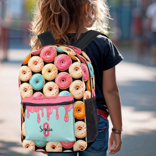 Cute Donut Fun Sweet Black Pink Monogram Printed Backpack