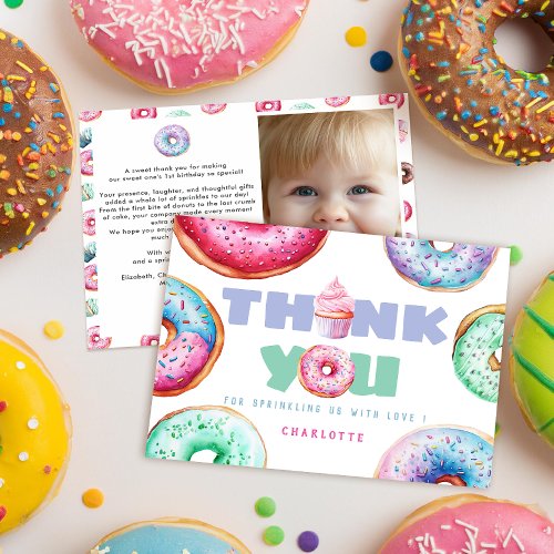 Cute Donut Girl Custom Message Kids Birthday Photo Thank You Card