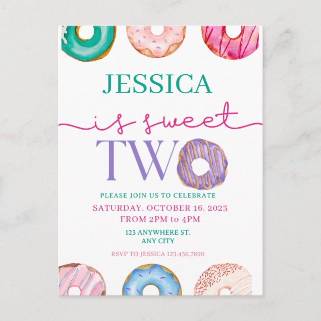 Cute Donut Party Sweet two 2nd birthday Postcard (Front)