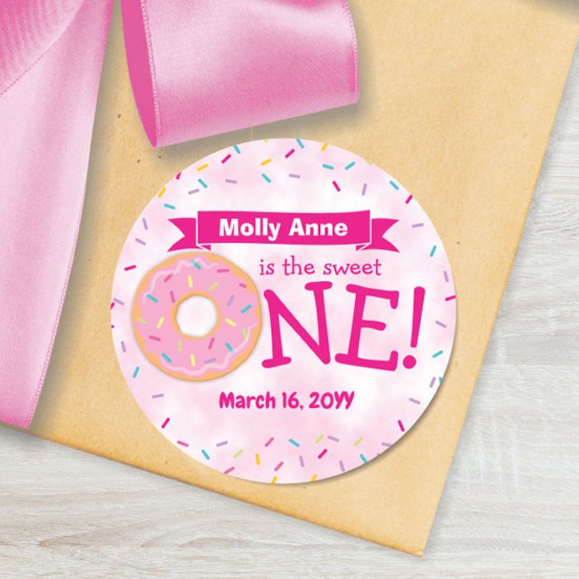 Cute Donut Rainbow Sprinkles Girl First Birthday Classic Round Sticker (Creator Uploaded)