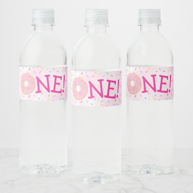 Cute Donut Rainbow Sprinkles Girl First Birthday Water Bottle Label (Bottles)