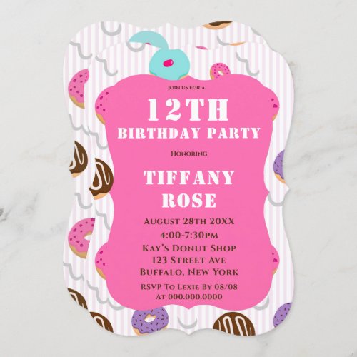 Cute Donut Shop 12th Birthday Party Invites 