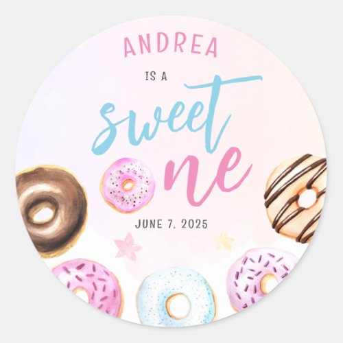 Cute Donut Sweet One Blue and Pink First Birthday Classic Round Sticker