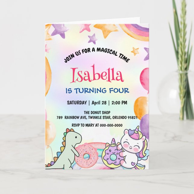 Cute Donuts Dino Unicorn Birthday Rainbow Party  Invitation (Front)