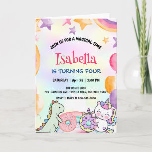 Cute Donuts Dino Unicorn Birthday Rainbow Party Invitation