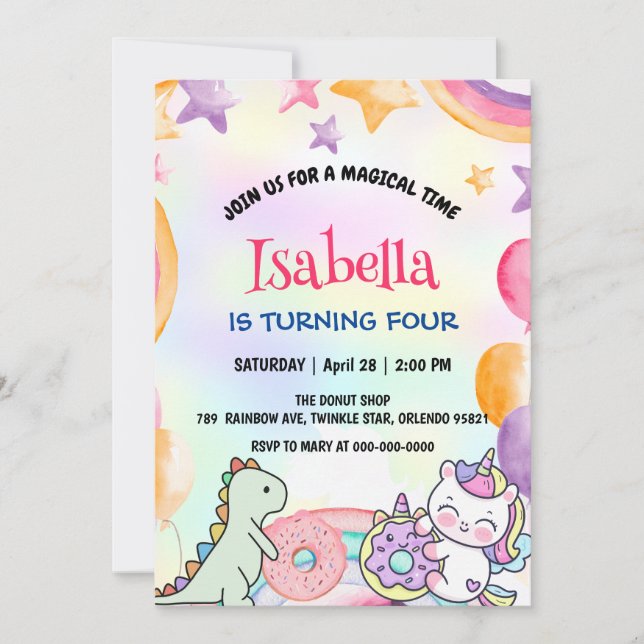 Cute Donuts Dino Unicorn Birthday Rainbow Party  Invitation (Front)