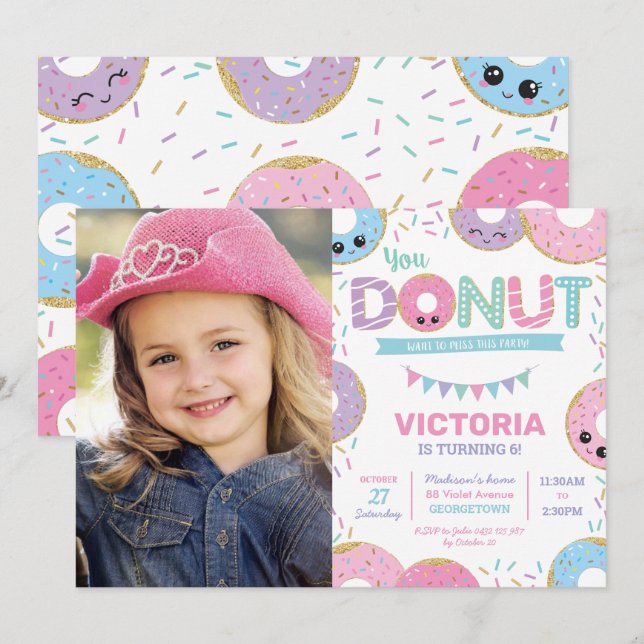 Cute Donuts Donut Birthday Party Photo Invitation (Front/Back)