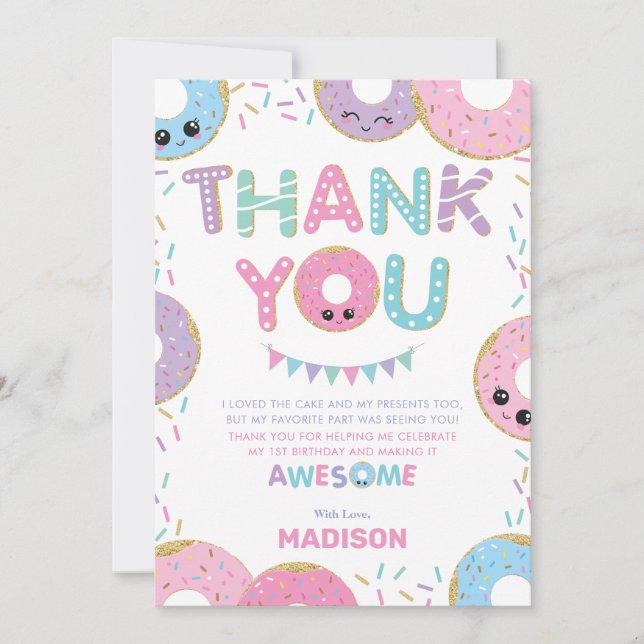 Cute Donuts Donuts Sprinkles Birthday Party Thank You Card (Front)