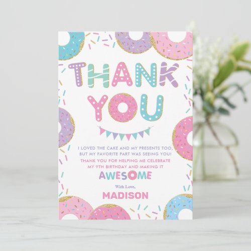 Cute Donuts Sprinkles Doughnuts Birthday Party  Thank You Card
