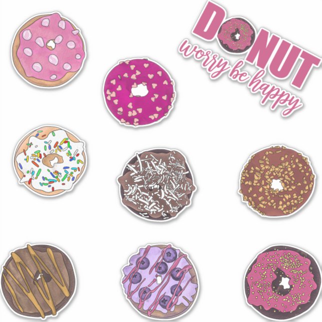 Cute Donuts Watercolor Illustrations Sticker (Front)