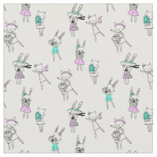 Cute Doodle Cat Girls Pattern Fabric