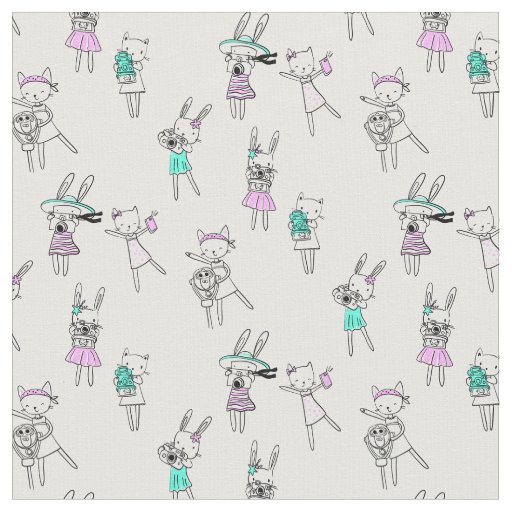 Cute Doodle Cat Girls Pattern Fabric