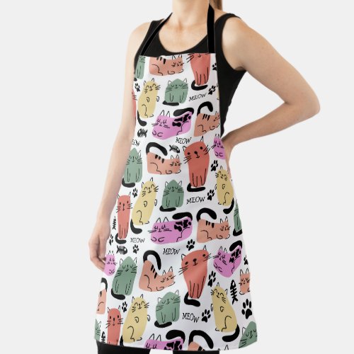 Cute Doodle Cats And Paw Prints Apron