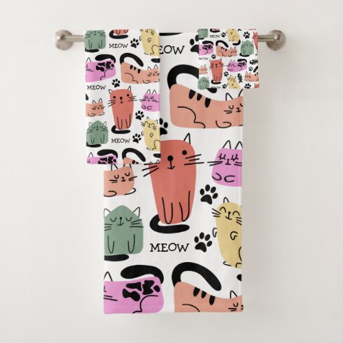 Cute Doodle Cats And Paw Prints Bath Towel Set