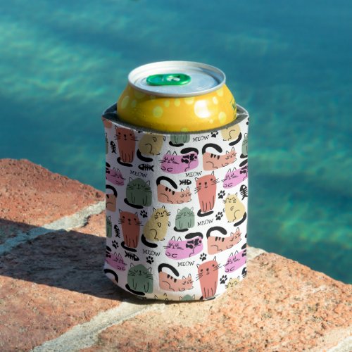 Cute Doodle Cats And Paw Prints Can Cooler