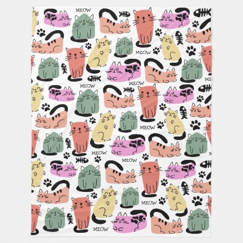 Cute Doodle Cats And Paw Prints Fleece Blanket