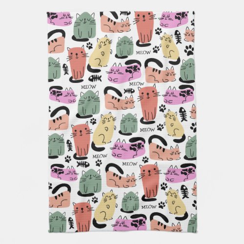 Cute Doodle Cats And Paw Prints Kitchen Towel