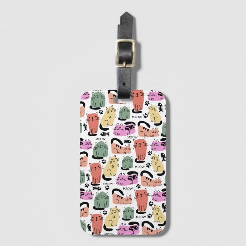 Cute Doodle Cats And Paw Prints Luggage Tag