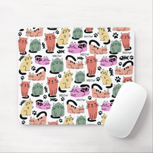 Cute Doodle Cats And Paw Prints Mouse Pad