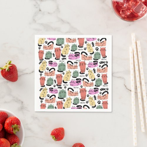 Cute Doodle Cats And Paw Prints Napkins
