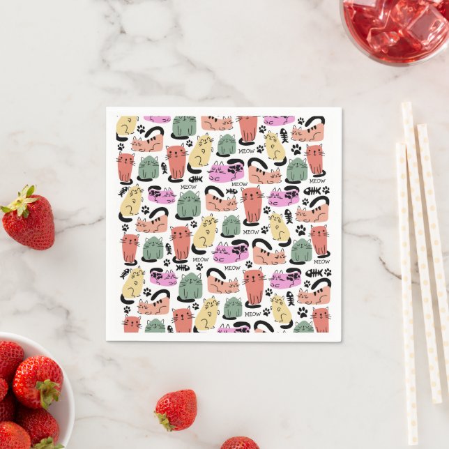 Cute Doodle Cats And Paw Prints Napkins (Insitu)
