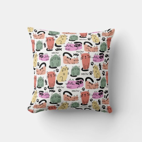 Cute Doodle Cats And Paw Prints Throw Pillow