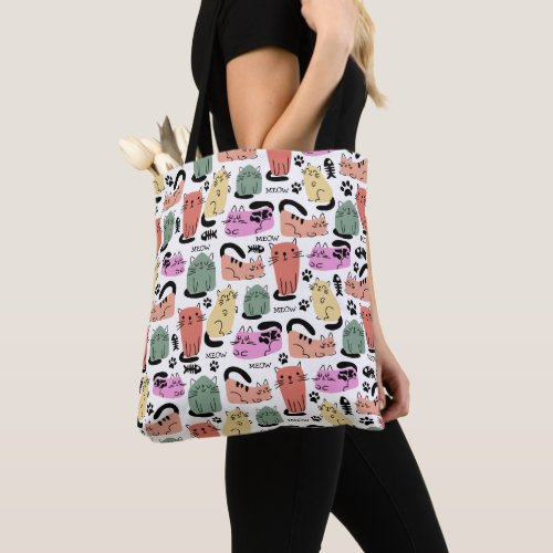 Cute Doodle Cats And Paw Prints Tote Bag