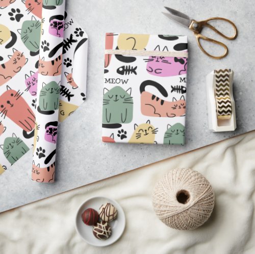 Cute Doodle Cats And Paw Prints Wrapping Paper