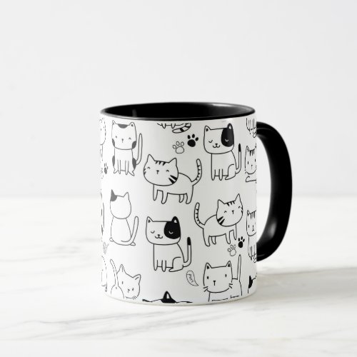 Cute Doodle Cats Black White Pattern Mug