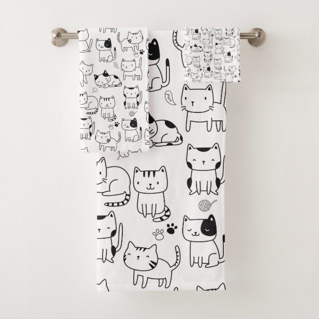 Cute Doodle Cats Pattern Bath Towel Set (Insitu)