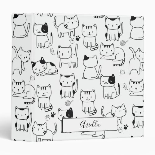 Cute Doodle Cats Pattern Custom Name 3 Ring Binder